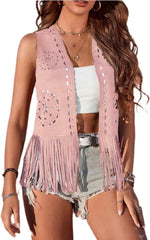 Women Boho Western Tassel Vest Open Front Faux Suede Fringe Cardigan Sleeveless Jacket Vintage Hippie Outwear