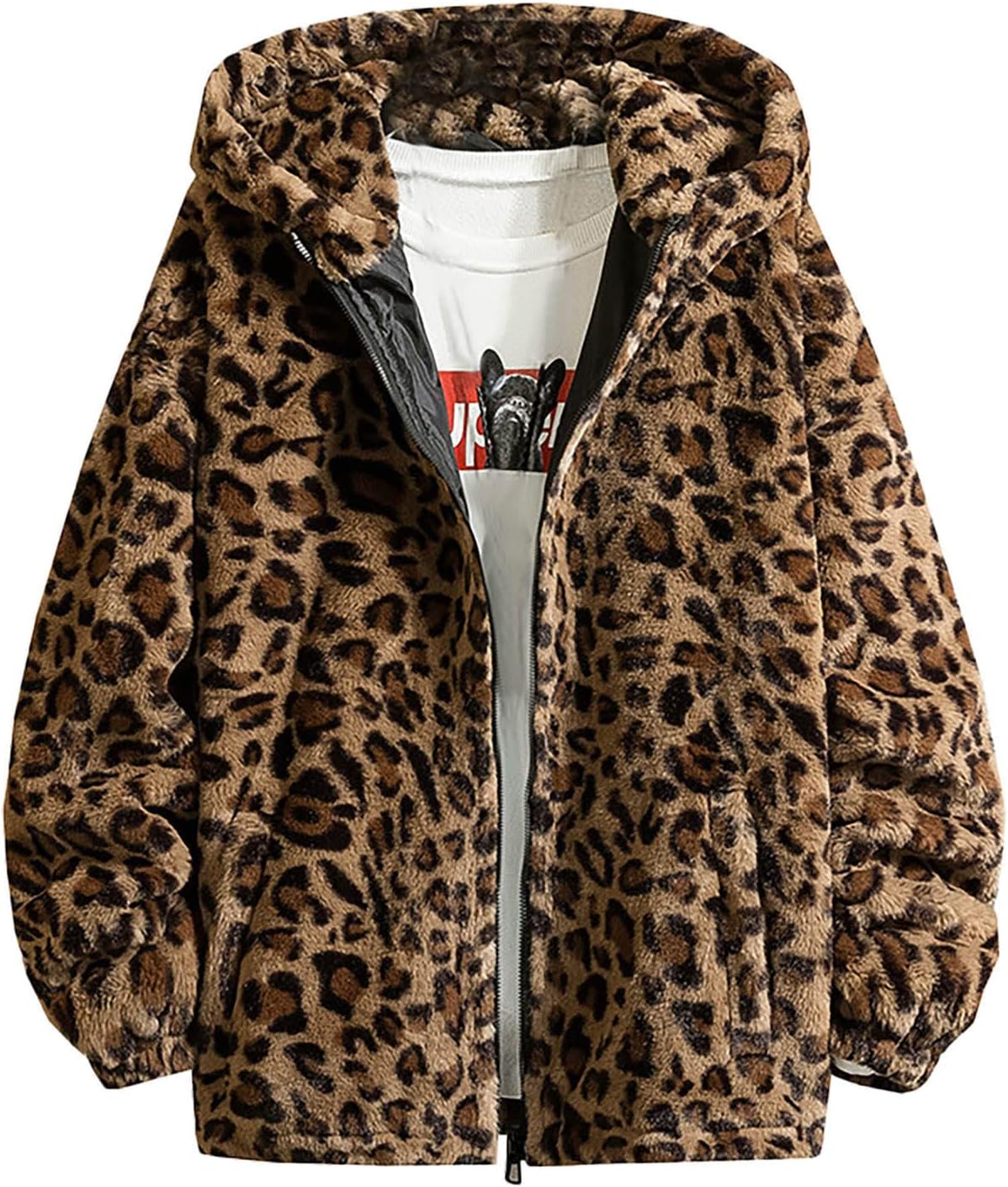 Men's Leopard Faux Fur Coats Casual Fashion Warm Winter Hooded Sweatshirt Zip up Long Sleeve Fleece Thermal Hoodies