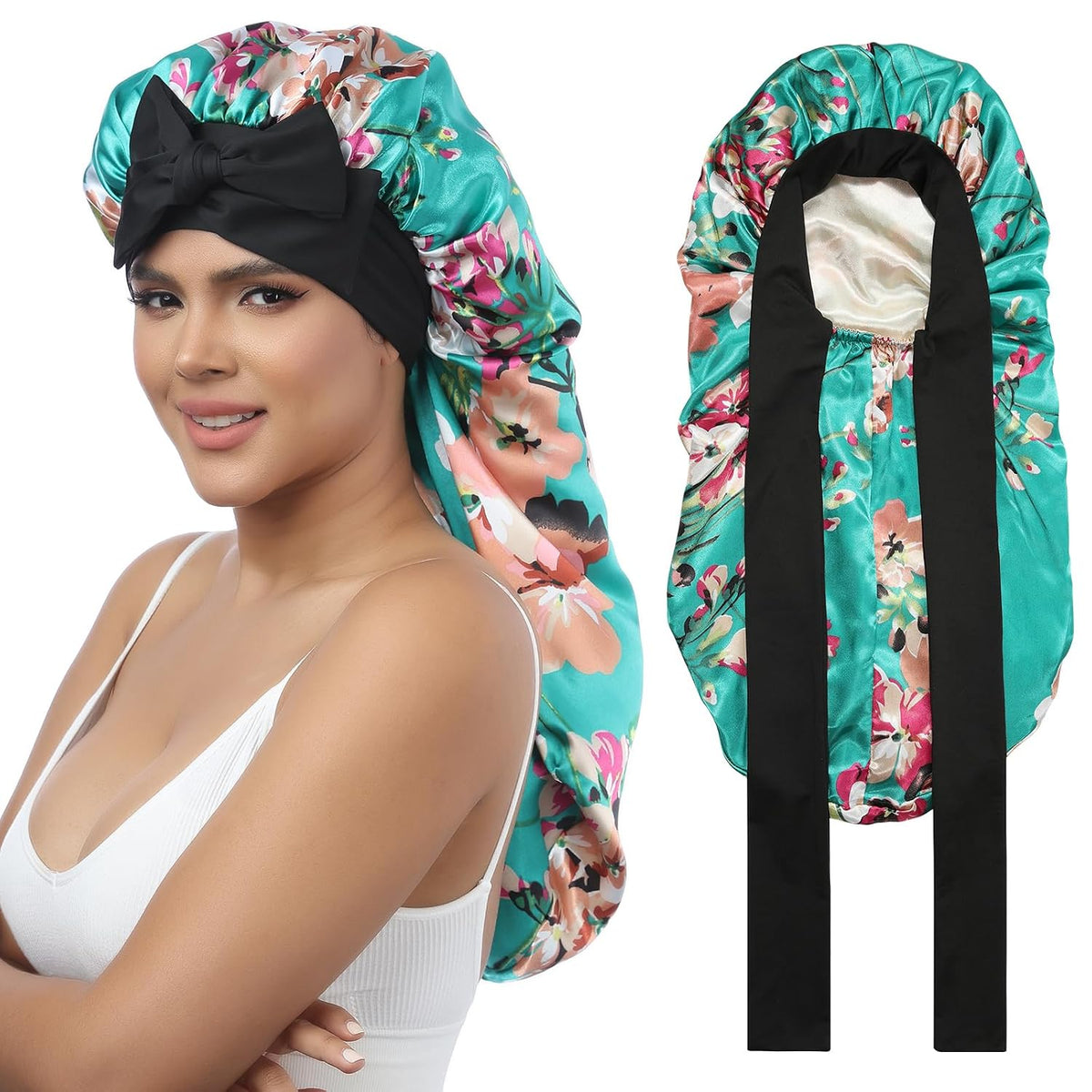 AWAYTR Long Satin Bonnet for Women - Double Layer Elastic Silk Bonnet for Braids Hair Sleeping Cap with Tie Band (Champagne)