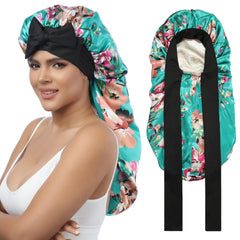 AWAYTR Long Satin Bonnet for Women - Double Layer Elastic Silk Bonnet for Braids Hair Sleeping Cap with Tie Band (Champagne)