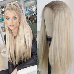 Aisom Bangs Highlight Blonde Wig Straight 2x1 HD Synthetic Lace Wig for Women Glueless Lace Wig Blonde Colored Wig 16 Inch