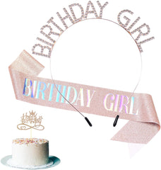 Silver Birthday Headband for Women,Sash and Crown for Girls,Gift for Her,Cake Topper,Accessories for Birthday Decorations.