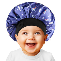 Kids Bonnet, Soft Silk Satin Bonnet for Girls Boys, Double Layer & Wide Elastic Band Kids Sleeping Cap, Adjustable Night Hat for Child Natural Hair Curly Hair (Blue Spaceship)