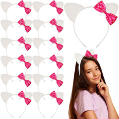 12 Pcs Kitty Cat Ears Headbands Gift Pink Bow Kitty Birthday Party Favor Cute Red White Kawaii Kitten Bow Decoration(Pink,Classic)
