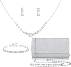 Silver Jewelry Set for Women Rhinestone Prom Choker Necklace Earrings Bracelet Clutch Purse Silver Accessories Bride Bridesmaid Crystal Bridal Jewelry for Wedding Engagement Party Prom Accessories