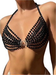 WDIRARA Women's Pearl Beaded Halter Bikini Top Sleeveless Backless Beach Cover Up Tops