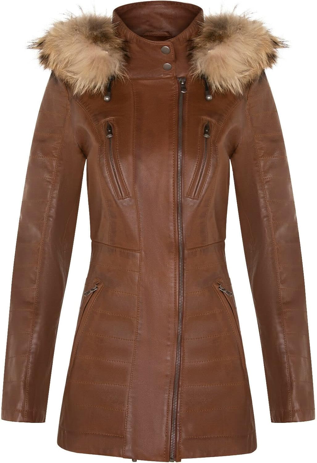 Women's Leather Parka Jacket Quilted Detachable Hooded Trench Coat