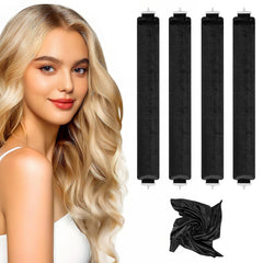 Heatless Curlers, Heatless Curls Overnight Set for Women, Soft Hair Curlers to Sleep In, Jumbo No Heat Hair Curlers Set with Headscarf and Hook for Long Hair (Black, 4 Packs)