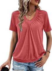 Summer Tops for Women 2025 Shorts Sleeve Womens Tops,V Neck Soft Casual Loose Fit Ruched Top T Shirts Tee Clothes