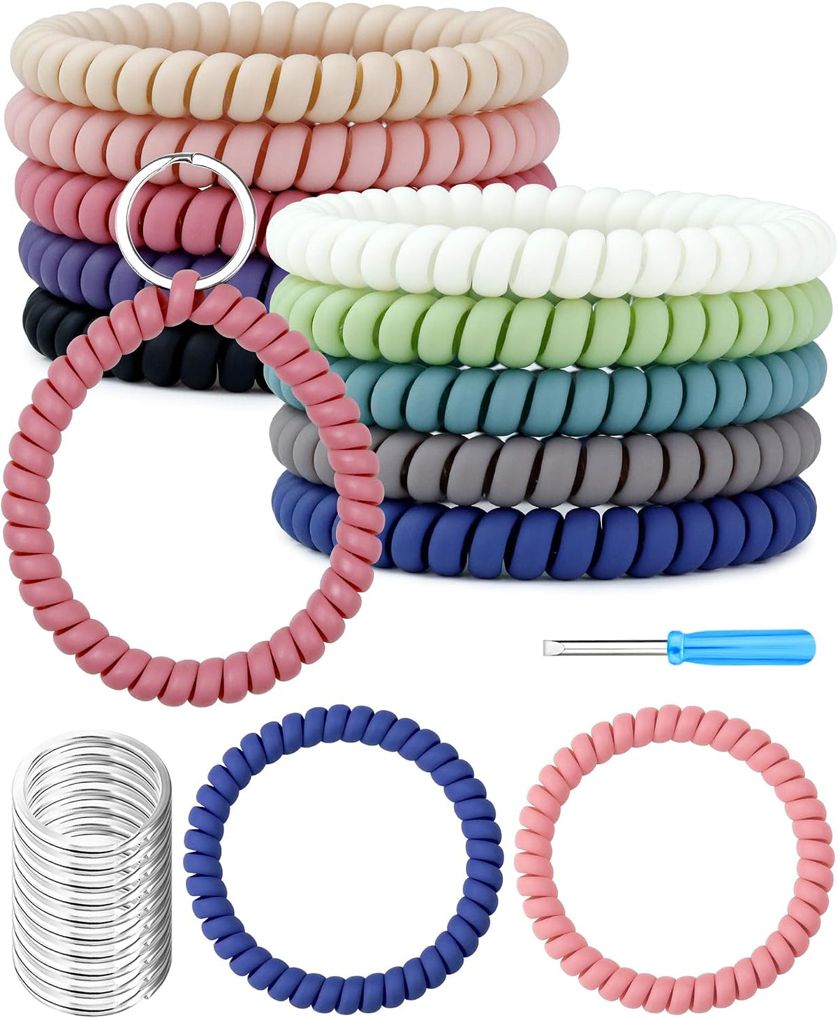 FIVEIZERO 2 Sizes10Pcs Stretchable Wrist Keychain Bracelet, Flexible Spiral Coil Key Ring Wristlet, Retractable Key Holder