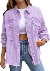 Women's Denim Jackets Trendy Ripped Oversized Denim Jacket Casual Long Boyfriend Distressed Denim Jacket
