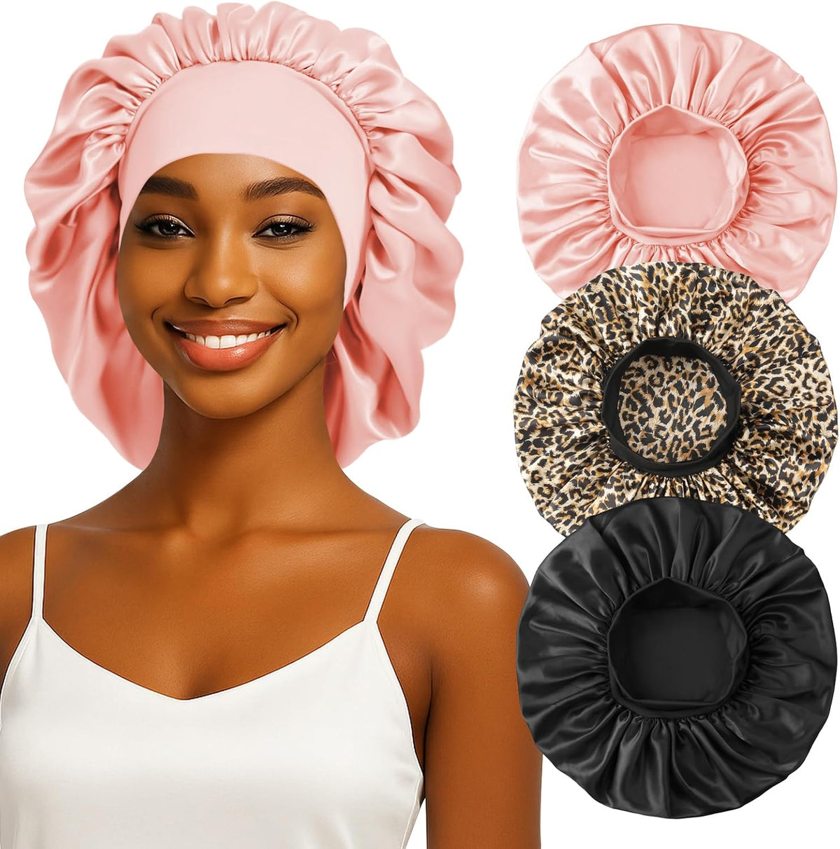 3PCS Silk Sleep Bonnet for Women, Large Satin Hair Caps with Elastic Band for Curly Hair and Frizz Control
