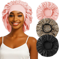 3PCS Silk Sleep Bonnet for Women, Large Satin Hair Caps with Elastic Band for Curly Hair and Frizz Control