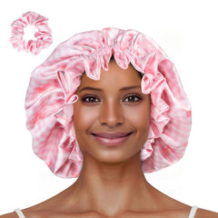 Floral Satin Bonnet with Scrunchie Set,Double Layer Ruffle Reusable Sleeping Shower Cap for Curly Hair Blue-cherry