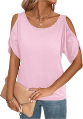 Verdusa Women's Cold Shoulder Beaded Blouse Top Elegant Summer Scoop Neck Dressy T Shirts Tops