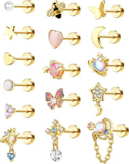 YADOCA 16Pcs Dangle Cartilage Earrings for Women Men Stainless Steel Tragus Stud Earrings 16G and 20G Butterfly Heart CZ Opal Flat Back Earrings Cartilage Tragus Conch Helix Daith Piercing Jewelry