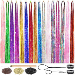 AMchoice Hair Tinsel Kit with Tools 16 Colors 3500 Strands Fairy Hair Tinsel Heat Resistant Sparkling Shiny Tinsel Hair Extensions 48 Inch Colorful Hair Tinsel strands Kit