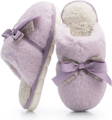 Cute Women's Memory Foam House Slippers - Fuzzy Plush Faux Fur Slippers with Bow Butterfly Tie - Anti-Skid Indoor/Outdoor Gifts for Women, Moms & Ladies