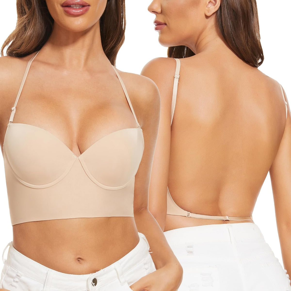 Low Back Bras for Women-Seamless Lightly Lined Invisible Backless Bra-Underwire Plunge Open Back Multiway Halter Bra