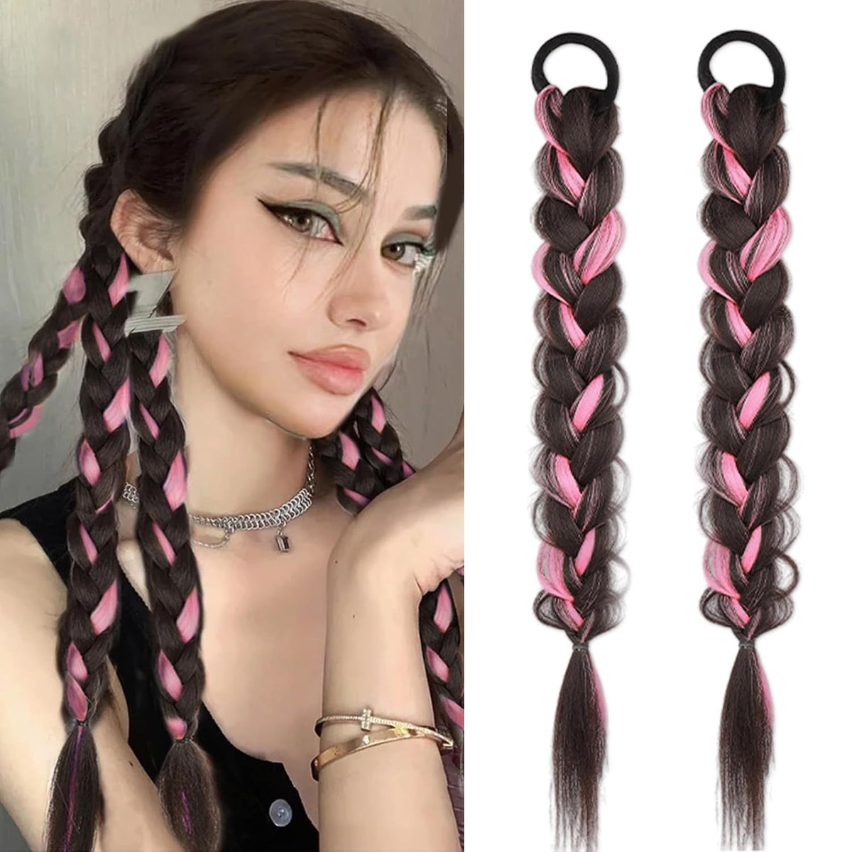 2Pcs Braided Ponytail Extensions with Hair Ties Soft Synthetic Hair Pieces for Women Girls Daily Wear 16 Inch （ Light brown）