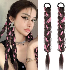 2Pcs Braided Ponytail Extensions with Hair Ties Soft Synthetic Hair Pieces for Women Girls Daily Wear 16 Inch （ Light brown）