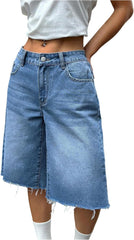 WDIRARA Women's Low Rise Baggy Denim Shorts Wide Leg Bermuda Jean Shorts