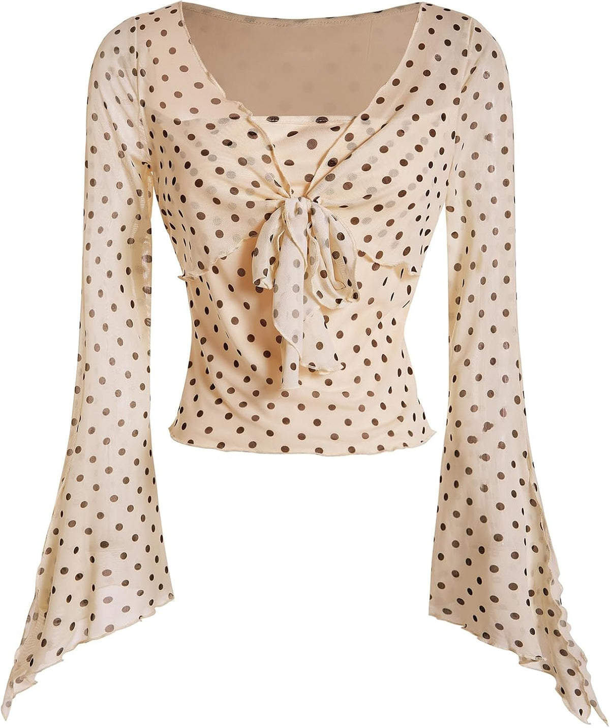 Verdusa Women's Y2K Tie Front Tops Bell Sleeve Floral Print Mesh Tops Long Sleeve Shirts 2000s Clothing