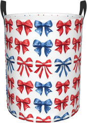 Blue Ribbon Bow Laundry Basket Waterproof Freestanding Laundry Hamper With Handles Foldable Clothes Organizer For Bathroom, Bedroom And Dorm Medium