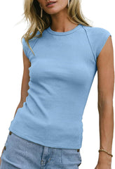 Sidefeel Womens Tops Casual Crewneck Cap Sleeve Tops Ribbed Raw Hem Summer T Shirts Slim Fit Basic Tees Blouses
