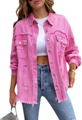 MBMSHEGH Women's Ripped Distressed Denim Jacket Long Sleeve Button Down Boyfriend Jean Coat Trucker Jacket