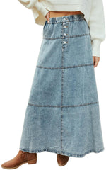 Women's Elastic Waist Button Maxi Denim Skirt A Line Long Jean Skirt