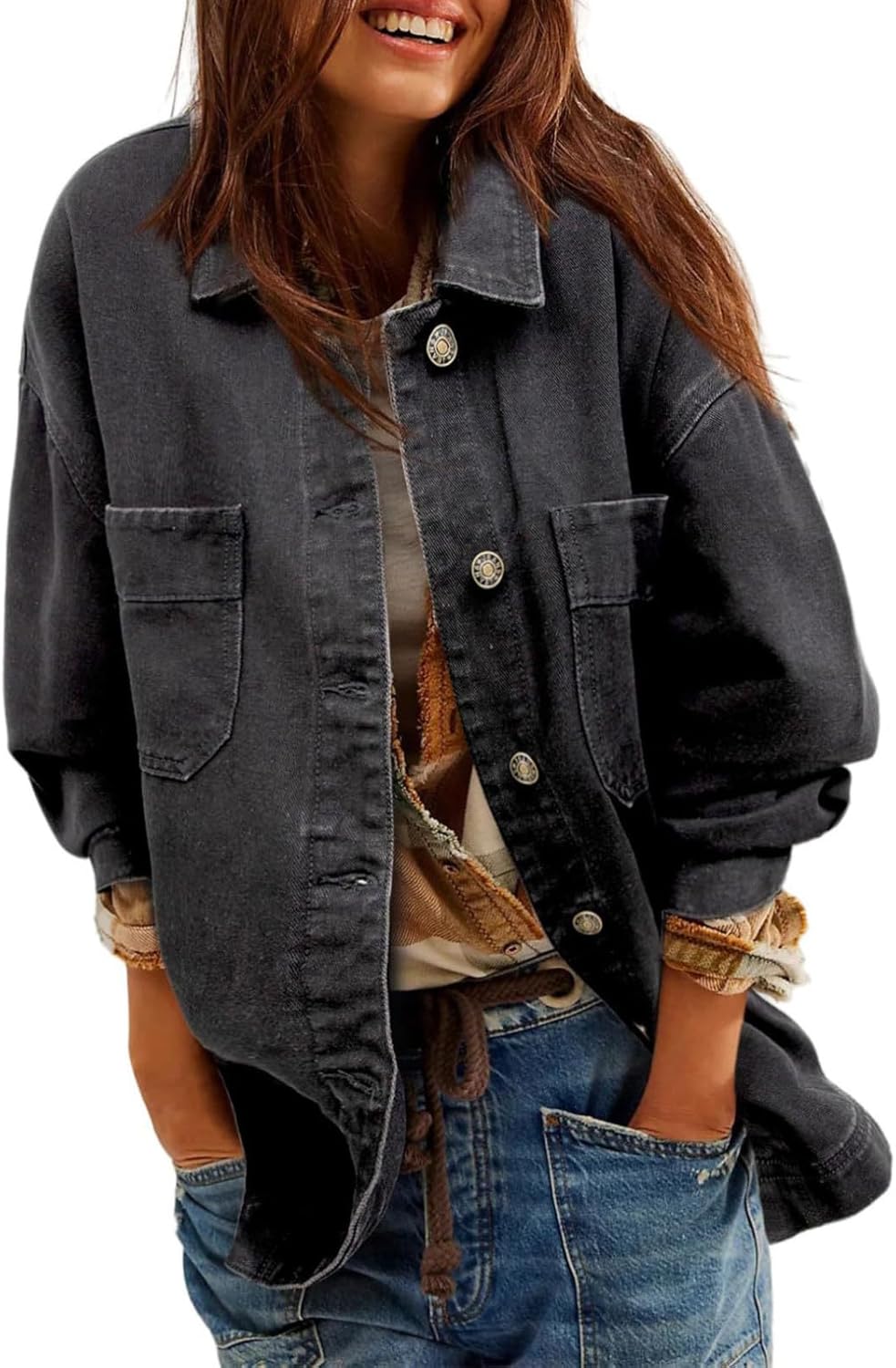 Womens Oversized Denim Jackets Button Down Loose Casual Long Sleeve Jean Jackets for Women Trendy 2024 Shacket Jacket