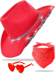 Cowboy Hat for Women Men 6 Sparkly Stars Brim & Rhinestone Belt Western Cowgirl Hat with Sunglasses Bandanas