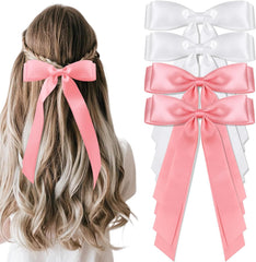 vivinin 4pcs Solid Silky Satin Hair Accessories: Bows with Long Tails, Daily Wear Clips for Women and Girls, White and Black Gifts