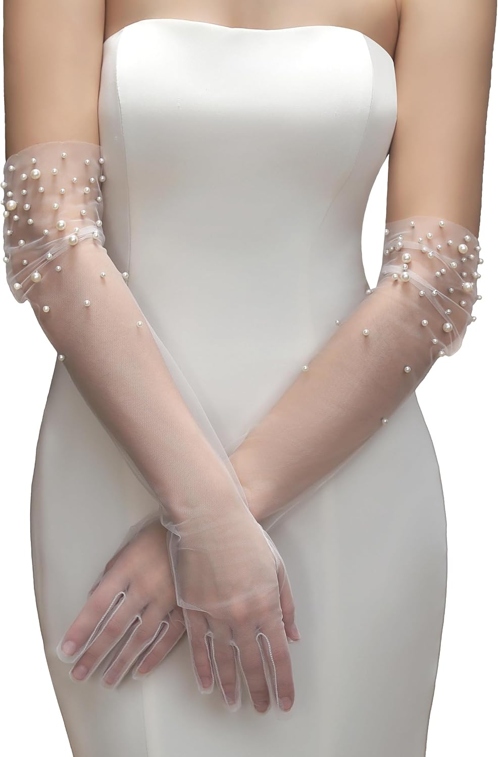 Long Pearl Wedding Gloves Tulle Bridal Gloves Sheer Long Bridal Sleeves Opera Prom Party Costumes for Women