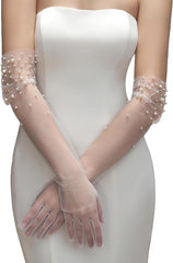 Long Pearl Wedding Gloves Tulle Bridal Gloves Sheer Long Bridal Sleeves Opera Prom Party Costumes for Women