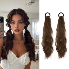 2PCS Curly Ponytail Extension with Hair Tie Hair Natural Wig Elastic Band Wave Fake Ponytail Wigs Accessories for Women Daily 17 Inch (brown)