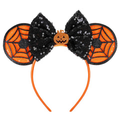 Halloween Mouse Ears Headbands for Women, Bow Decoration Hairbands with Ghost Purple Sequin Headband Party Cosplay Hair Accessories Costume