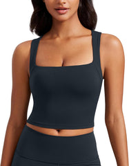 CRZ YOGA Butterluxe Womens Longline Square Neck Sports Bras - Basic Crop Tank Yoga Workout Tops with Built in Pads
