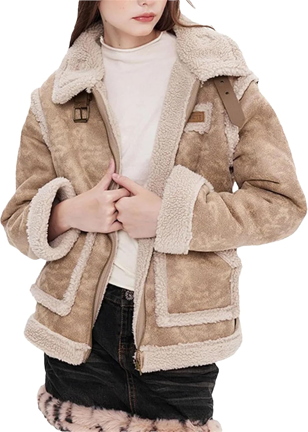 Women's Leather Jacket Fleece Coat Winter Lamb Wool Outerwear Motorcycle Jackets