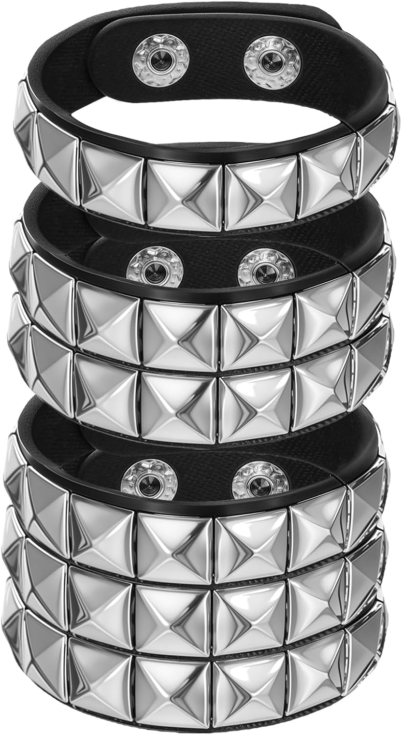 3 PCS Punk Rock Studded Bracelets Set, Spiked Studded Bracelet Cuff 80s Emo Goth Jewelry Accessories Wristband Adjustable
