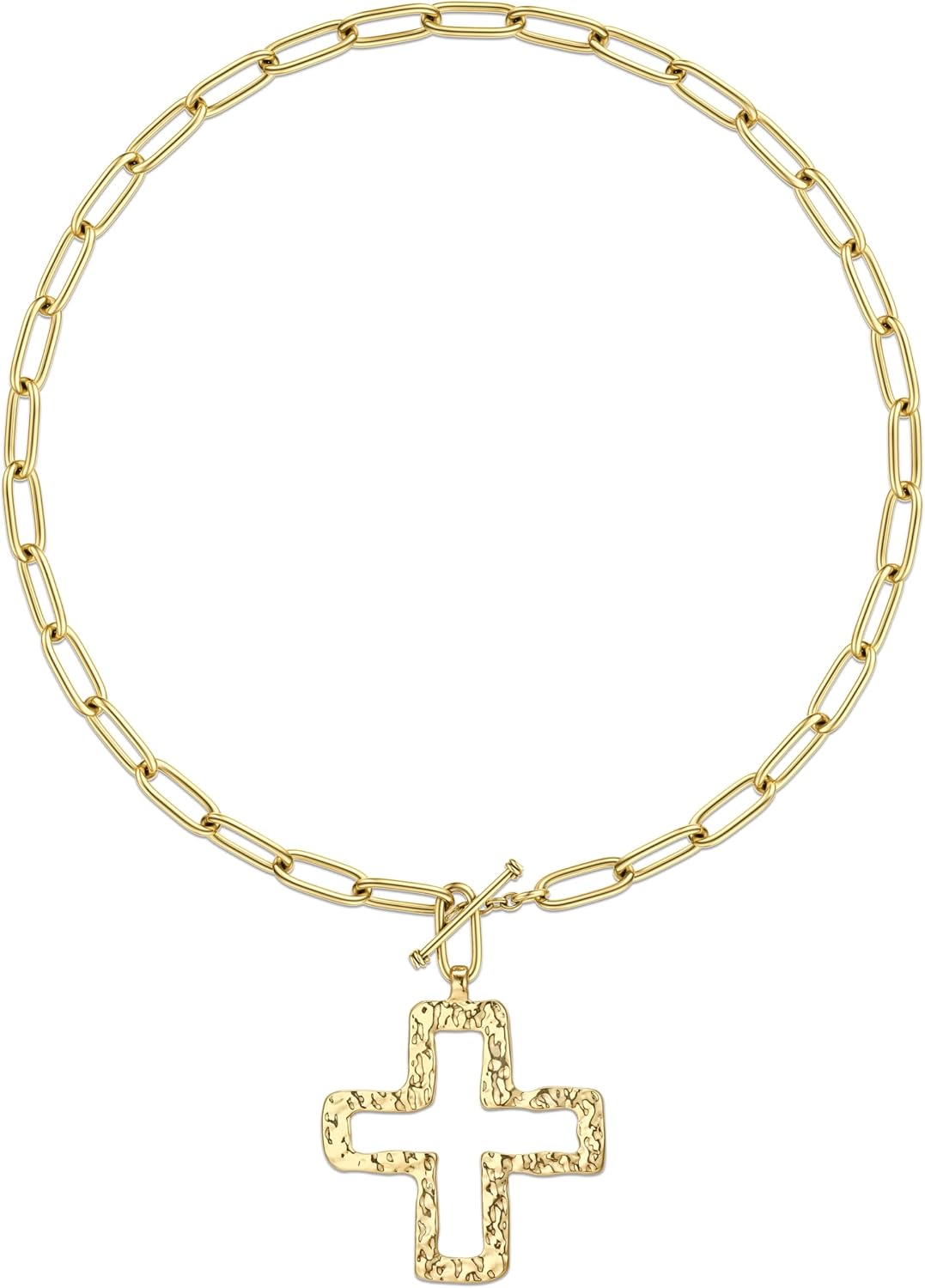 TEN MIRO 18k Chunky Gold Necklace for Women Sweatproof, Non Tarnish Chunky Cross Necklaces Thick Gold Layering Hammered Bold Necklace Stacks Toggle Necklaces for Women