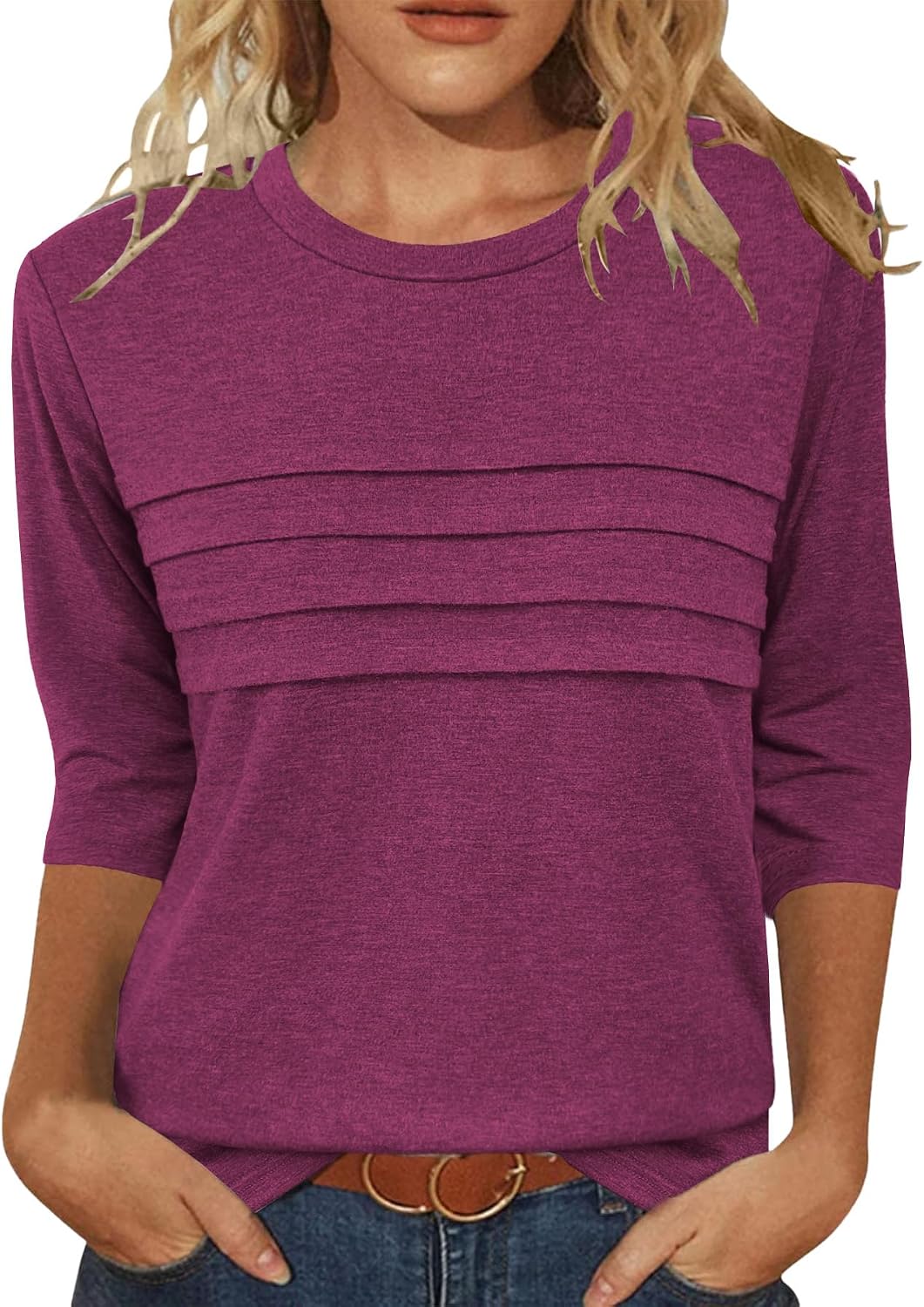 JomeDesign 3/4 Length Sleeve Womens Tops Round Neck Casual Tunic Tops Pleated Shirts Dressy