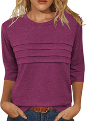 JomeDesign 3/4 Length Sleeve Womens Tops Round Neck Casual Tunic Tops Pleated Shirts Dressy