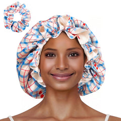 Floral Satin Bonnet with Scrunchie Set,Double Layer Ruffle Reusable Sleeping Shower Cap for Curly Hair Blue-cherry