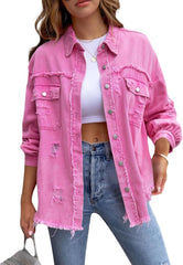 Womens Denim Jacket Outwear Boyfriend Long Sleeve Button Down Distressed Jean Jacket Casual Cowboy Jacket
