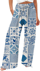 Floral Print Pants for Women High Waisted Business Work Casual Wide Leg Linen Pants Loose Flowy Summer Beach Trousers