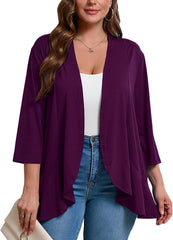 AusLook Women's Plus Size 3/4 Sleeves Lightweight Open Front Cardigan Draped Ruffles Shawls and Wraps Shrugs Kimono Jacket