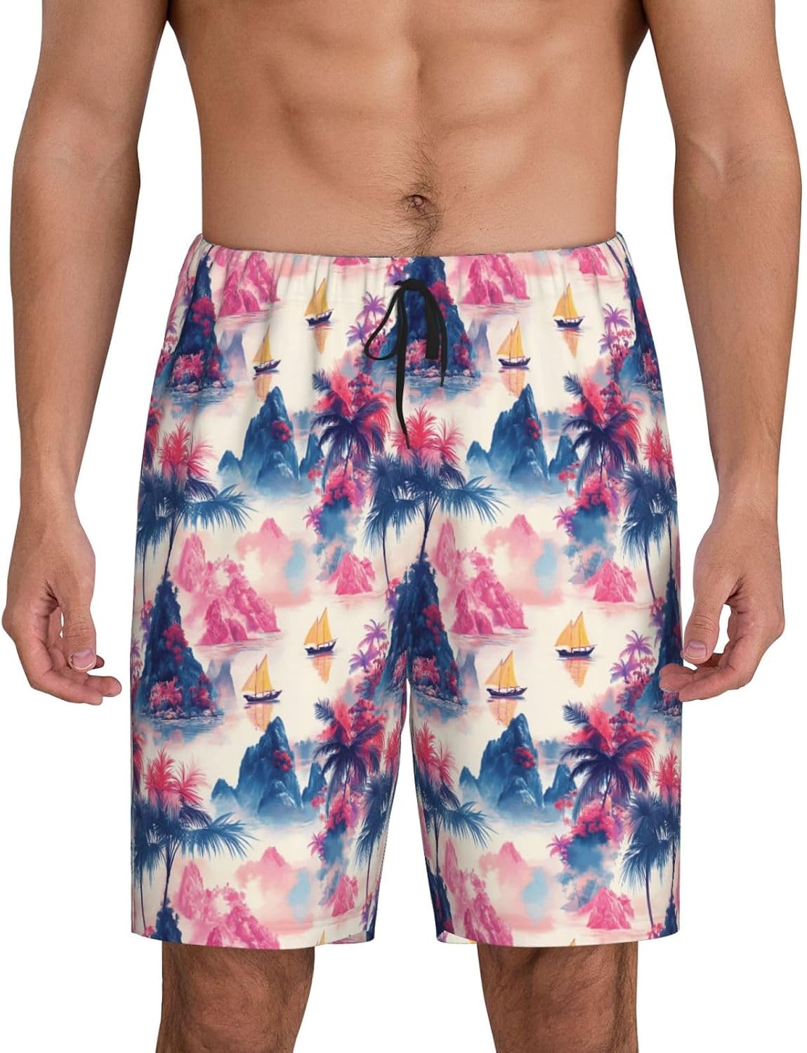 Mens Pajama Pants - Pink Hawaiian Scenery Print Cotton Pajama Shorts for Men Shorts Casual, Pj Bottoms Lounge