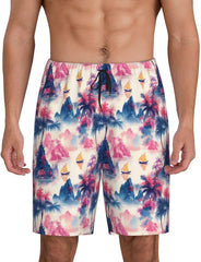 Mens Pajama Pants - Pink Hawaiian Scenery Print Cotton Pajama Shorts for Men Shorts Casual, Pj Bottoms Lounge